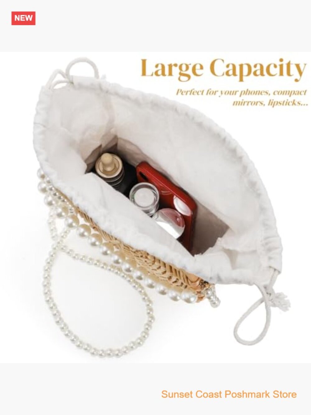 Round Rattan Bag Hand-woven Wicker Basket Purse Boho Crossbody With Pearl Strap - Picture 5 of 7